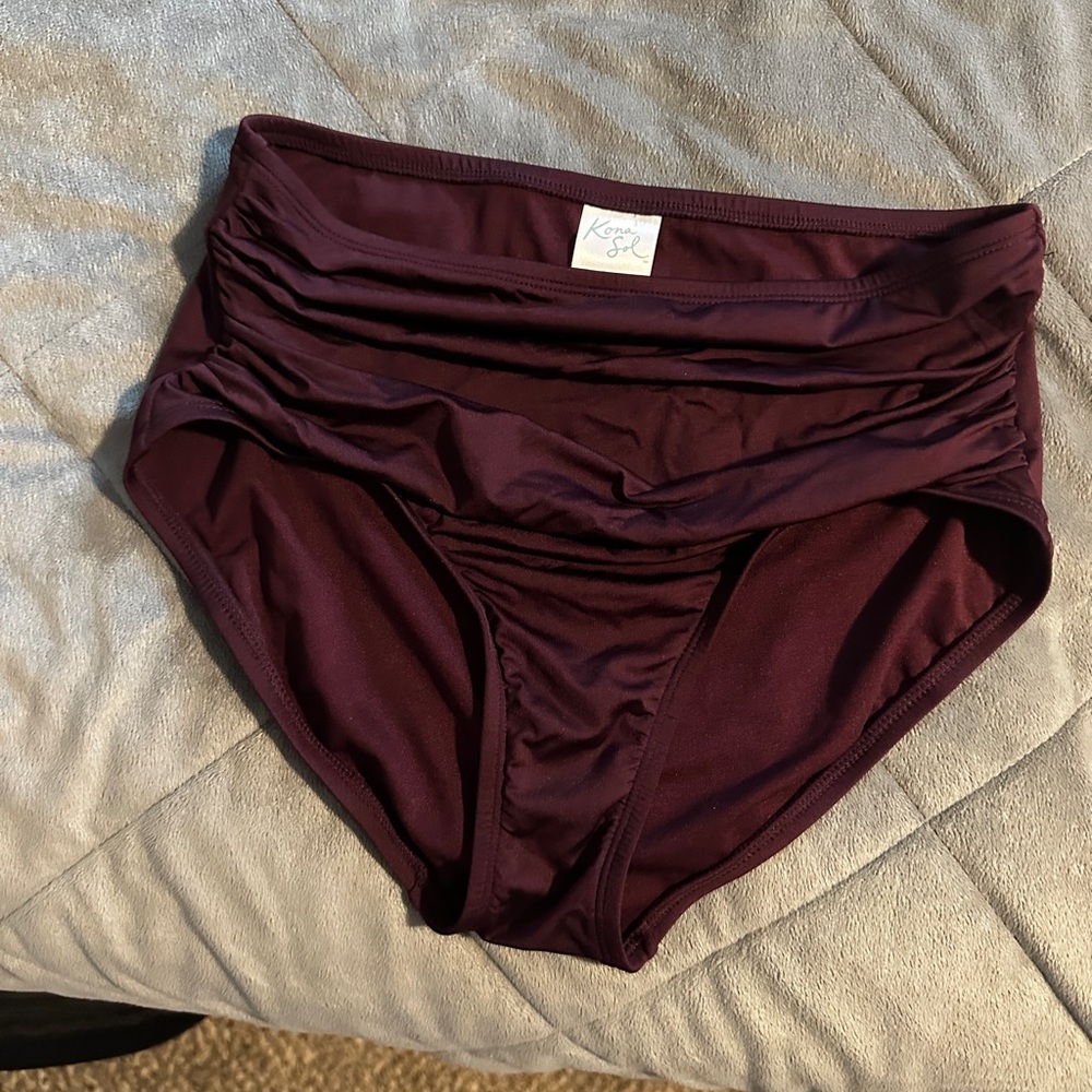 Kona Sol Ruched High-Waist Swim Bottoms - Plum